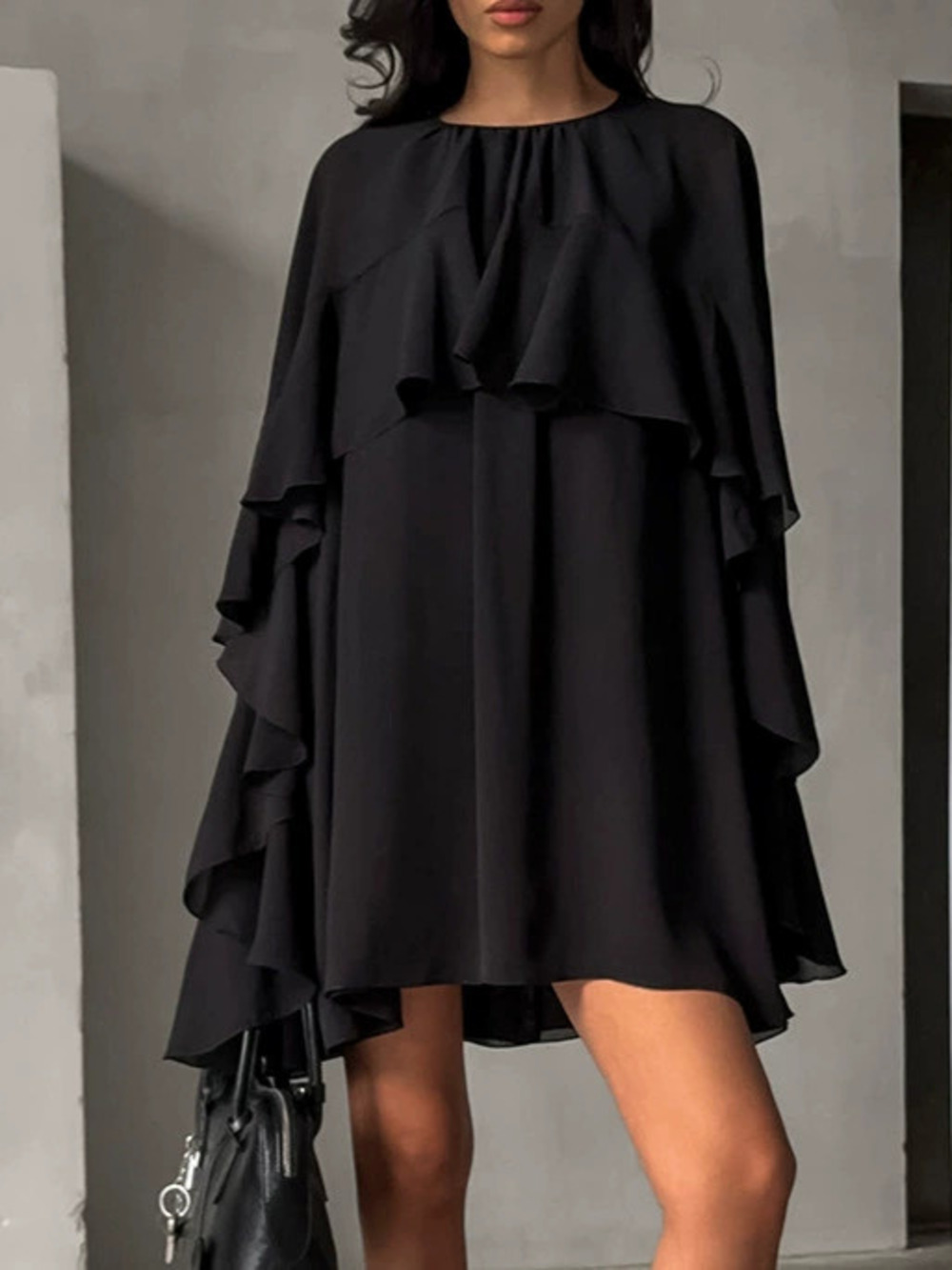 Forever 21 Spring Black Round Neck Ruffle Mini Dress